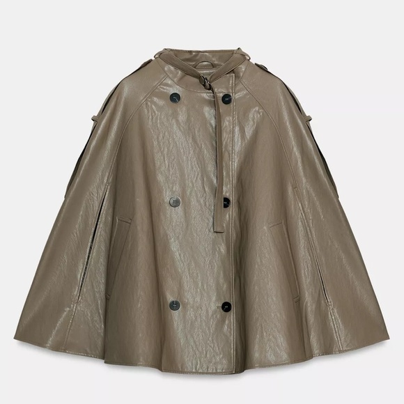 ZARA ZW COLLECTION FAUX LEATHER CAPE JACKET - Picture 8 of 11